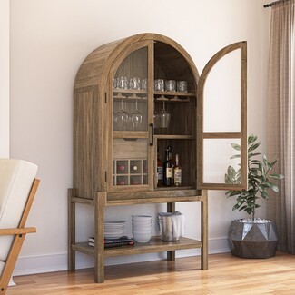 Bar Cabinet: Arched Oak Brown Elevated Base Storage