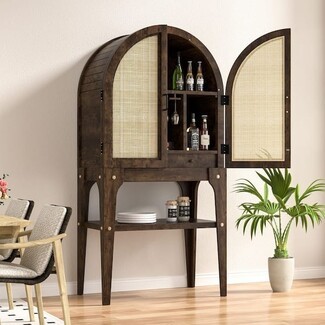 Bar Cabinet: Arched Rattan Cane Panels Boho Wine Storage
