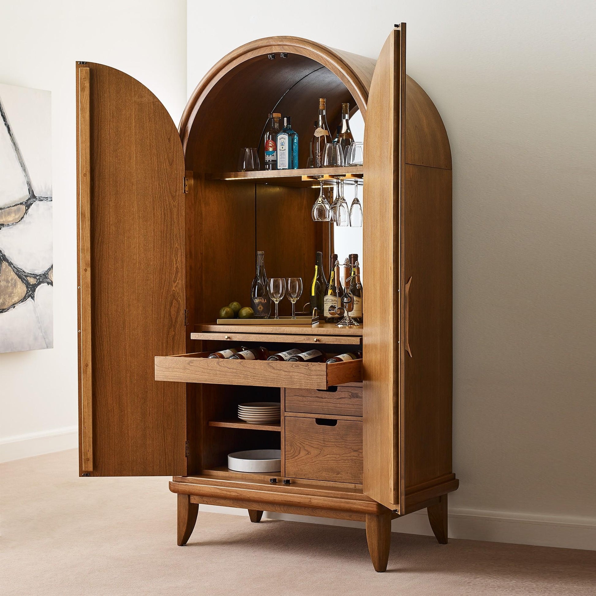 Bar Cabinet: Arched Walnut Mirrored Back Home Bar