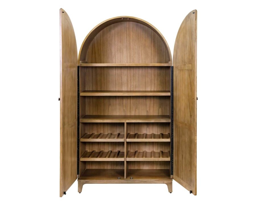 Bar Cabinet: Arched Warm Oak Tone Wine Bottle Slots