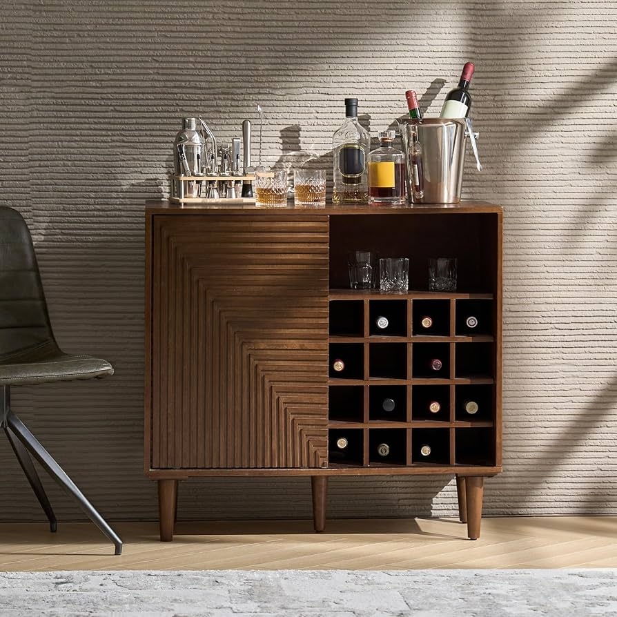 Bar Cabinet Chevron Carved Door Walnut Wine Bar Cabinet