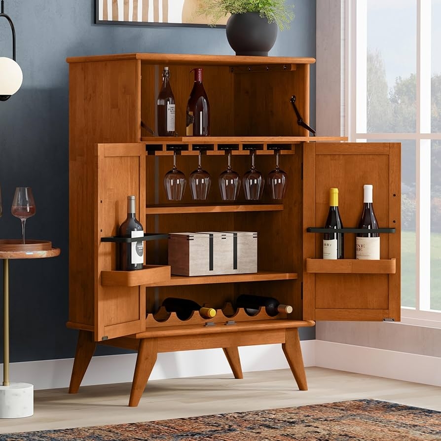 Bar Cabinet Drop Down Shelf Brown Hardwood Wine Cabinet