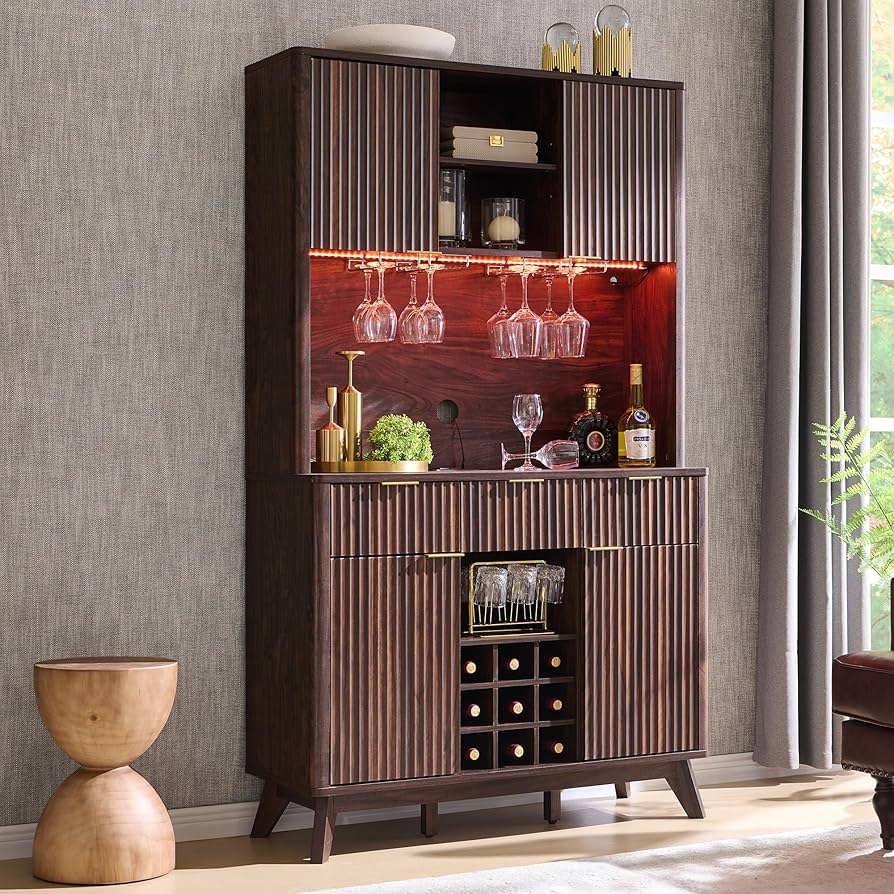Bar Cabinet featuring Fluted Panels and Dark Walnut Wood