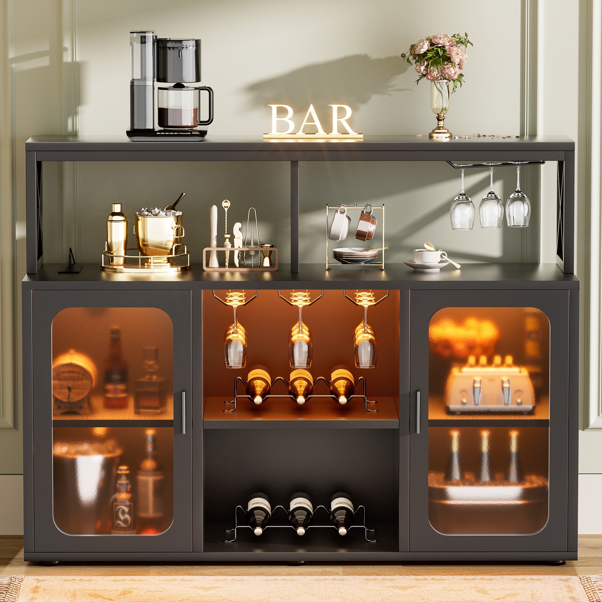 Bar Cabinet featuring Integrated LED Lights and Coffee Bar Hutch