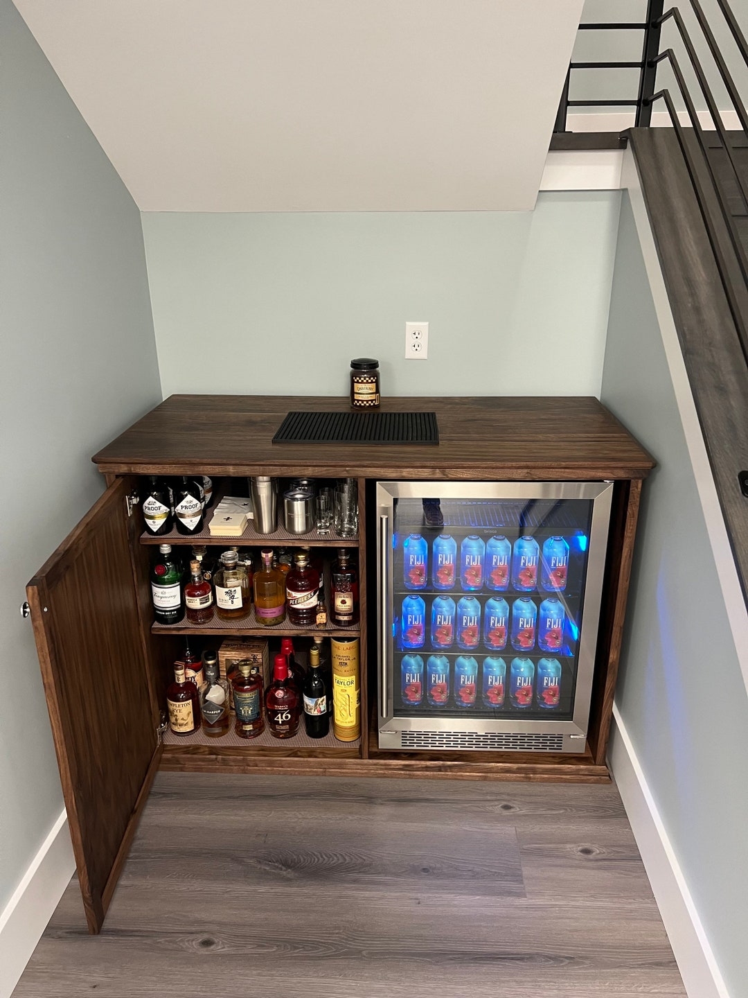 Bar Cabinet for Under Stair Fit and Custom Walnut Design