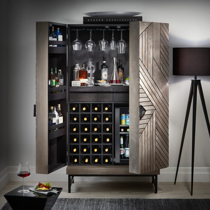 Bar Cabinet in Smoke Gray with Integrated Wine Cooler Storage
