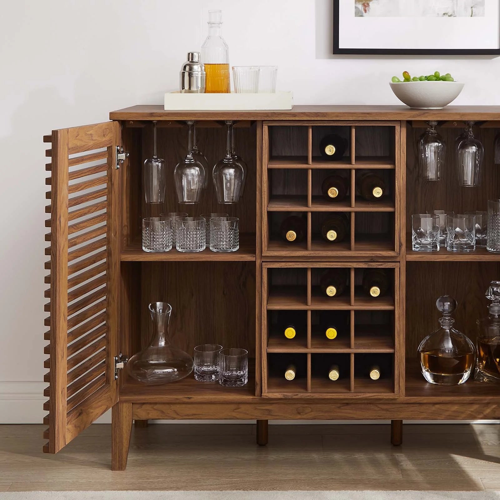 Bar Cabinet Slatted Door Mid-Century Walnut Liquor Cabinet