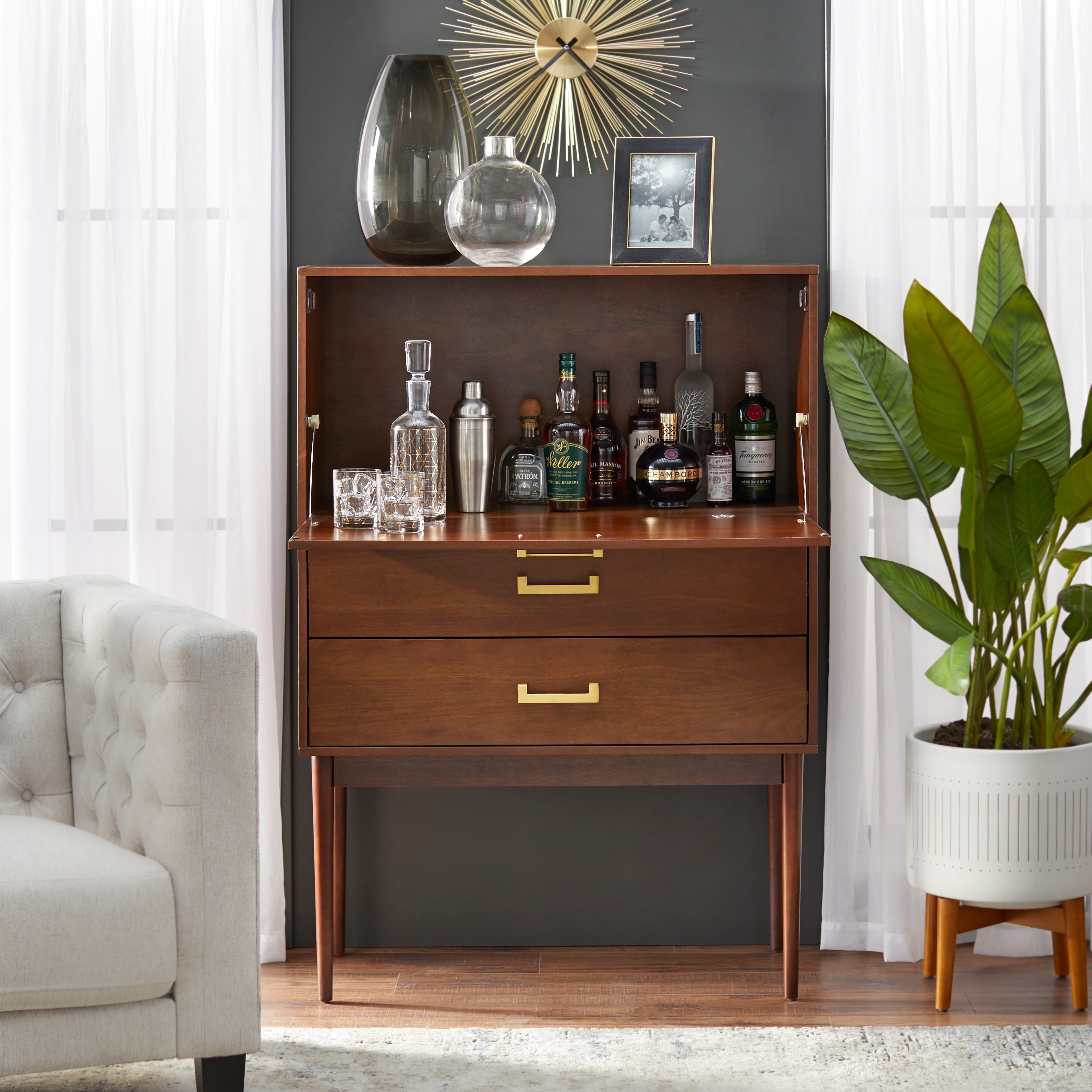 Bar Cabinet Walnut Finish Gold Pulls Jasper Tall Bar Storage
