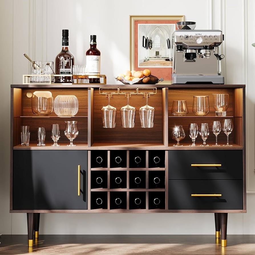 Bar Cabinet with 12 Bottle Wine Rack and Walnut Brown Tone