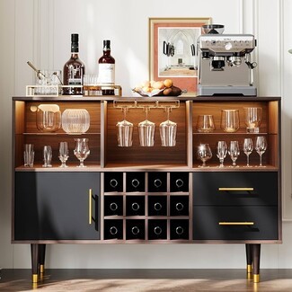 Bar Cabinet with 12 Bottle Wine Rack and Walnut Brown Tone