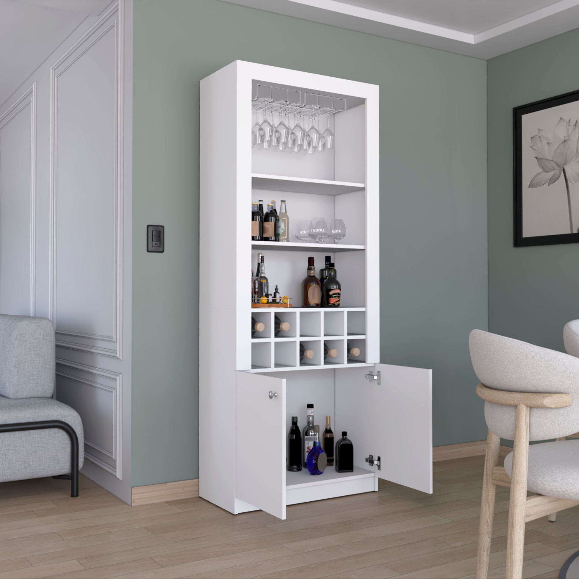 Bar Cabinet with 74 Inch Tall Frame and White Wine Cubbies