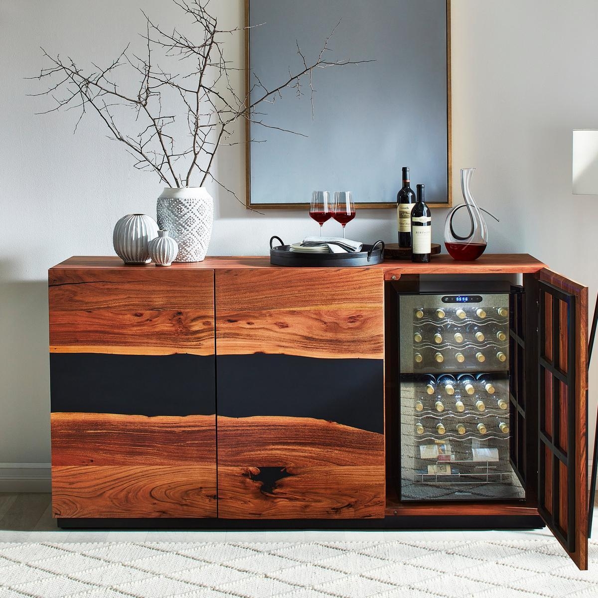 Bar Cabinet with Acacia Wood Grain and Black Resin Inlay