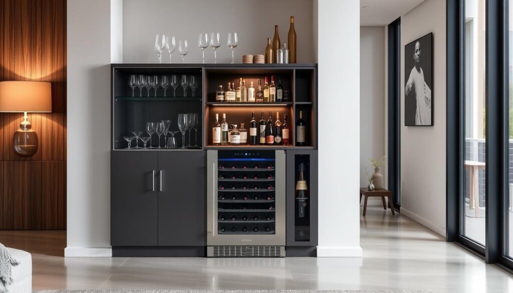 Bar Cabinet with Built In Lighting and Charcoal Gray Finish