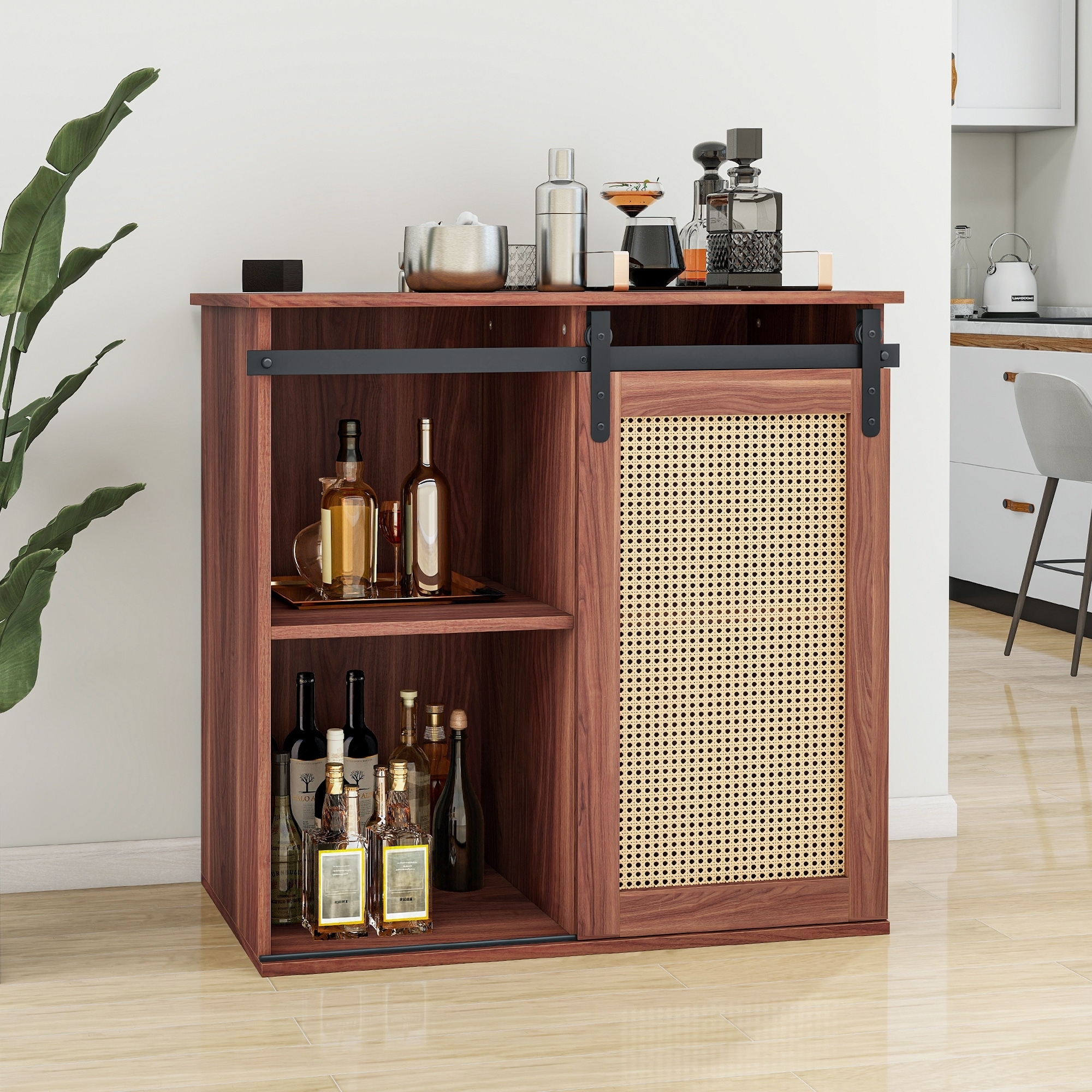 Bar Cabinet with Cane Mesh Door and Walnut Coffee Bar Space