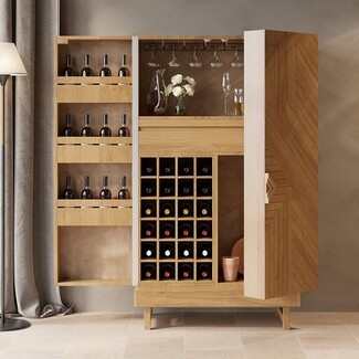 Bar Cabinet with Chevron Pattern Door and Pine Wood Finish