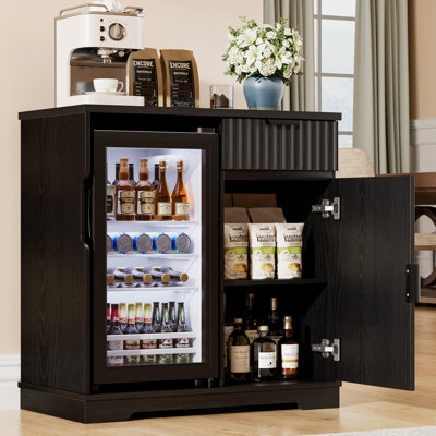 Bar Cabinet with Fluted Texture and Black Mini Fridge Niche