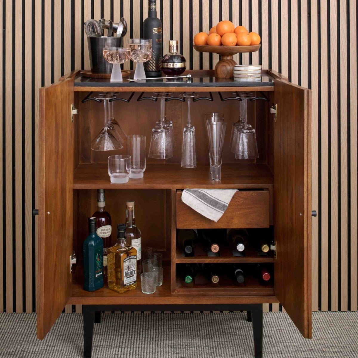 Bar Cabinet with Internal Drawer and Walnut Home Storage