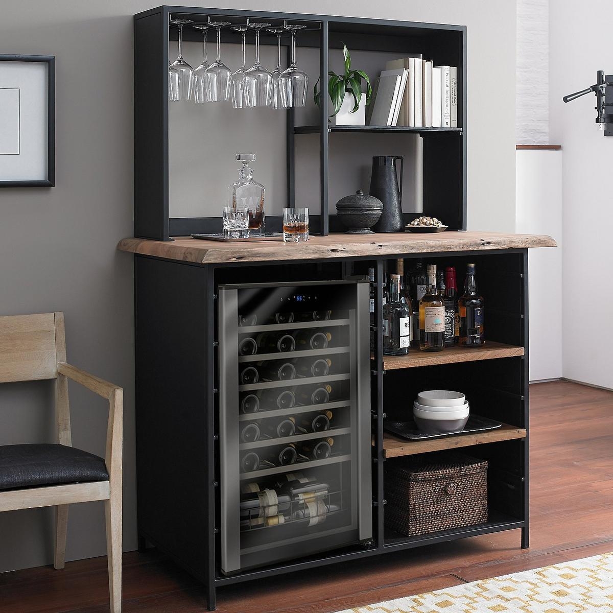 Bar Cabinet with Live Edge Top and Industrial Fridge Storage
