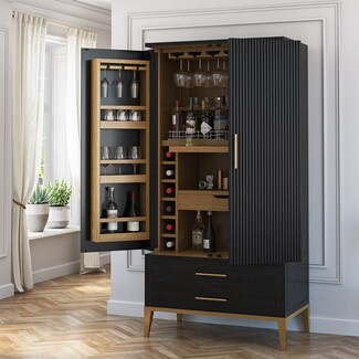 Bar Cabinet with Two Tone Design and Gold Tapered Legs