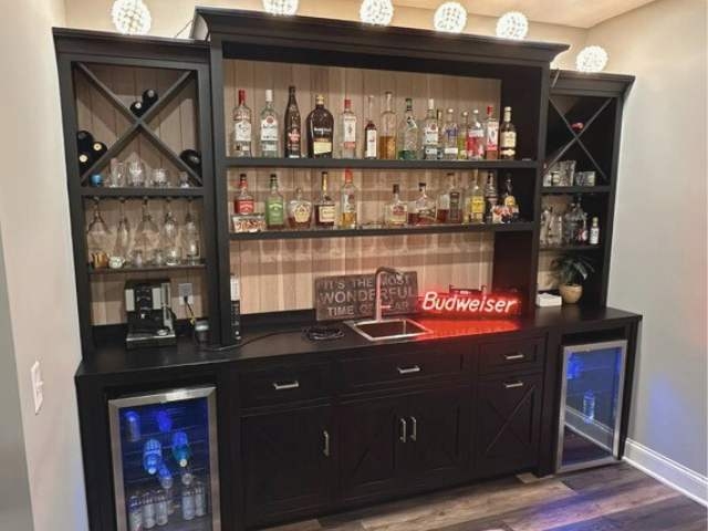 Bar Cabinet with Wood Plank Backsplash and Custom Wine Storage