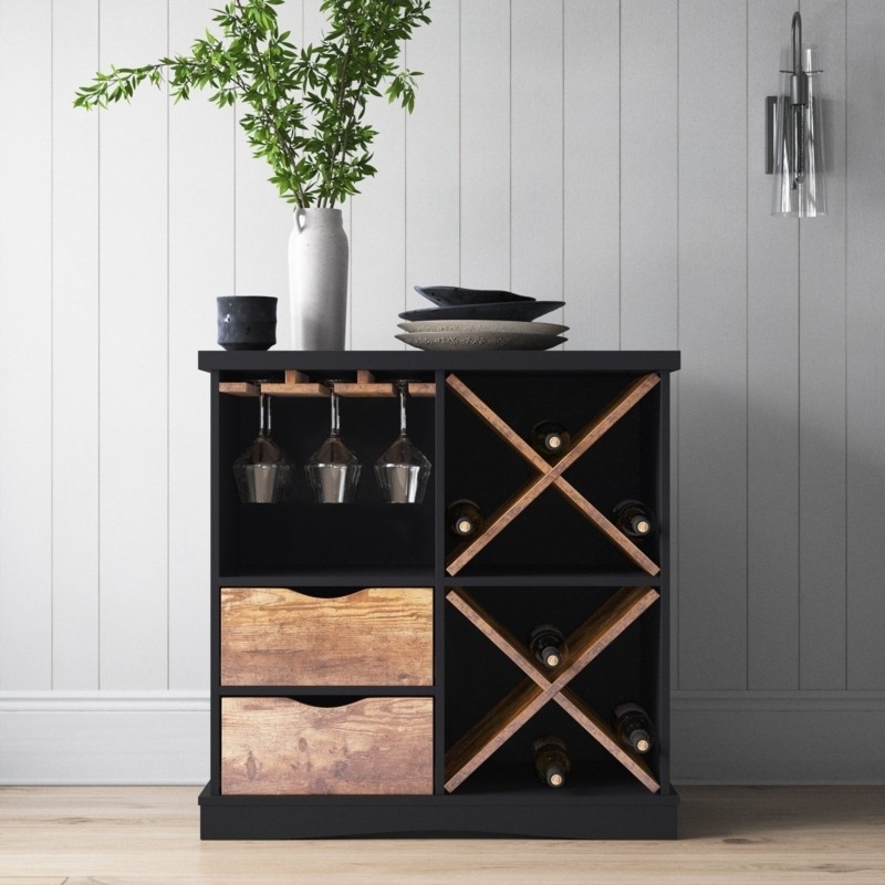 Bar Cabinet with X-Shaped Wine Rack and Matte Black Frame