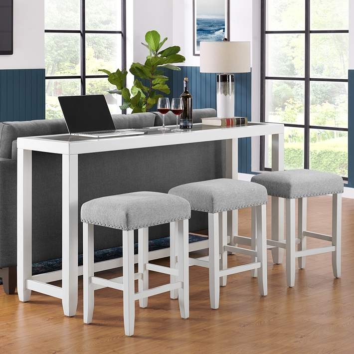 Bar Console Set Glass Inset Top Nailhead Trim Crisp White