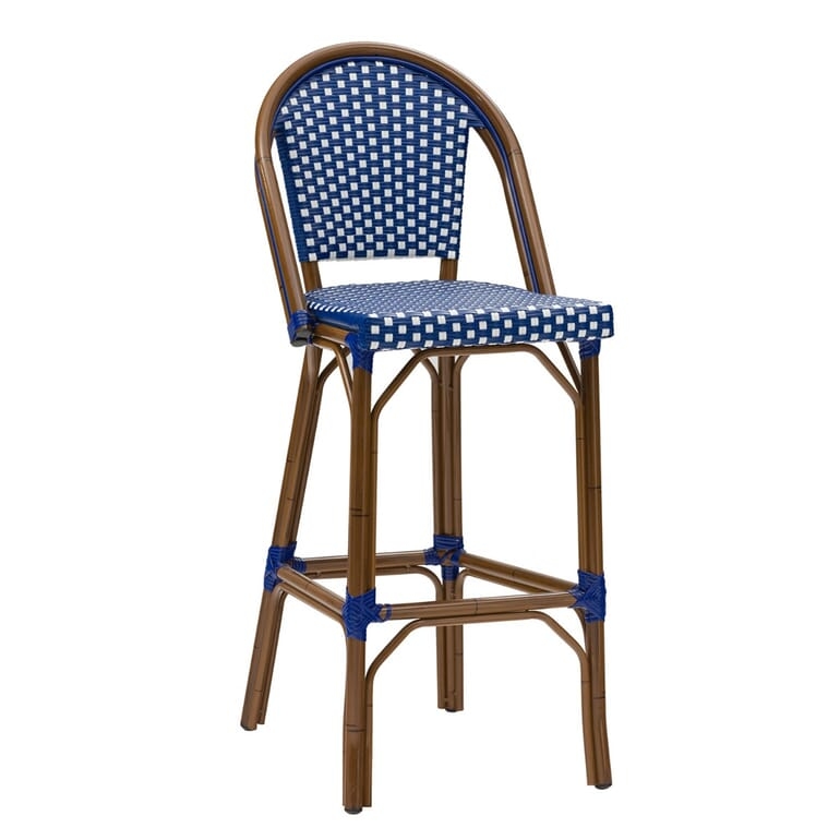 Bar Stool: Blue White Bamboo Parisian Style Patio Stool