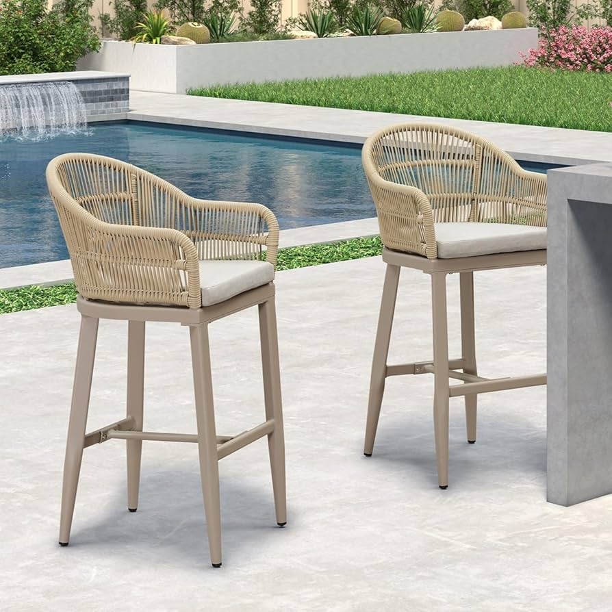 Bar Stool: Champagne Beige Vertical Weave Poolside Bar Seating