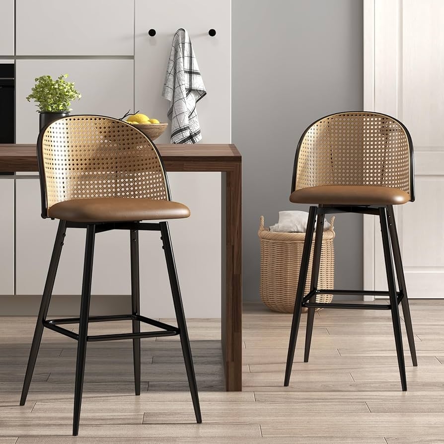 Bar Stool: Cognac Leather Cane Mid Century Cane Stools
