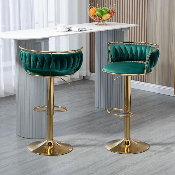 Bar Stool Dark Green Velvet Braided Backrest Gold Pedestal