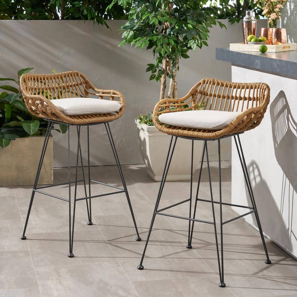 Bar Stool: Faux Rattan Open Weave Coastal Patio Bar Chairs