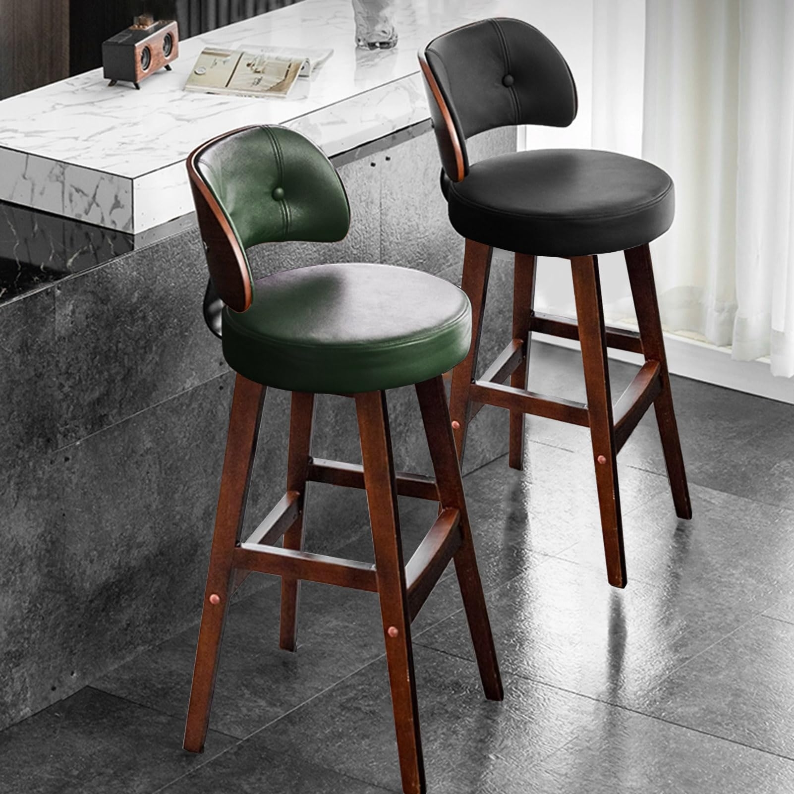 Bar Stool Forest Leather Wood Shell Backrest Button Tufted