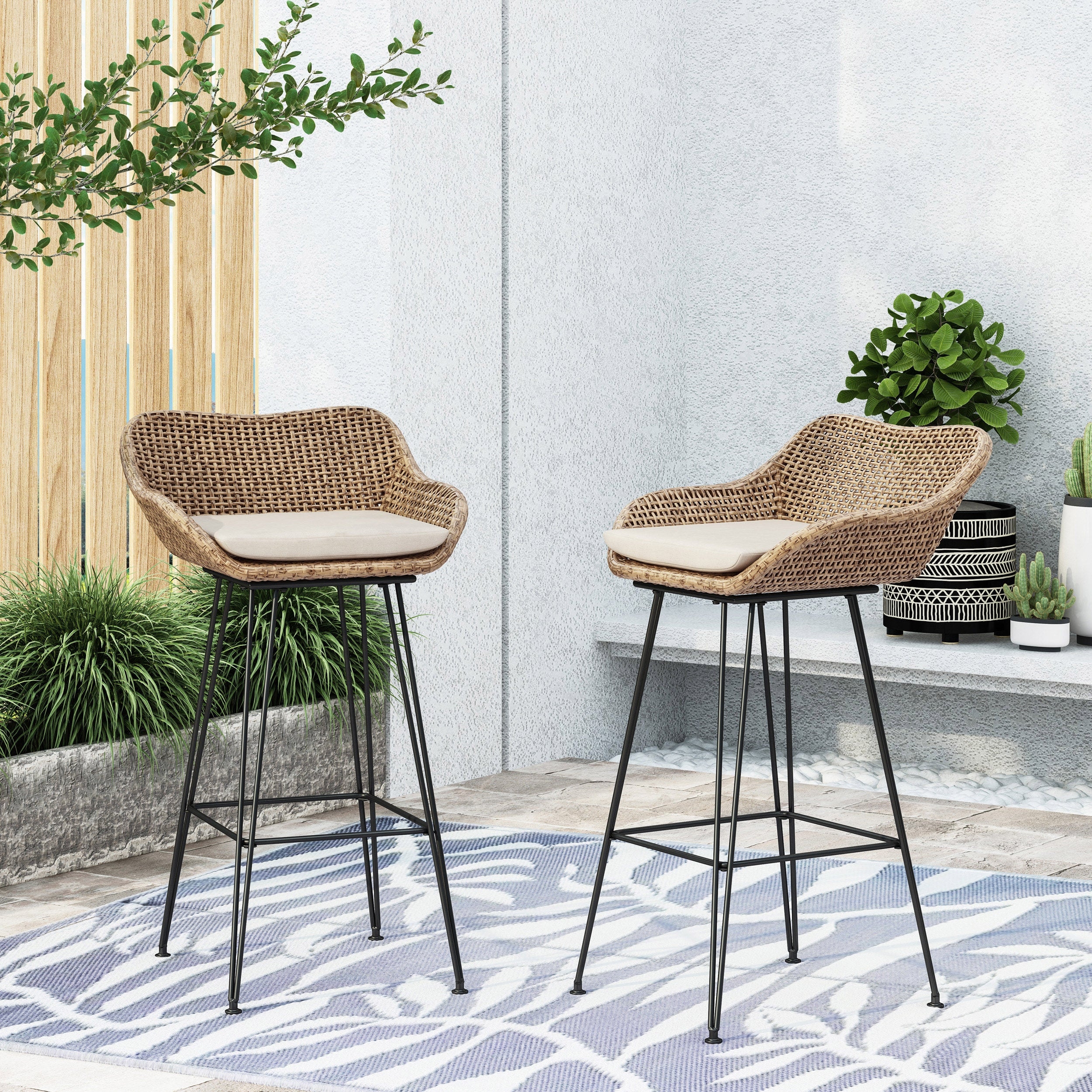 Bar Stool: Iron Leg Wicker Bucket Coastal Balcony Bar Stools