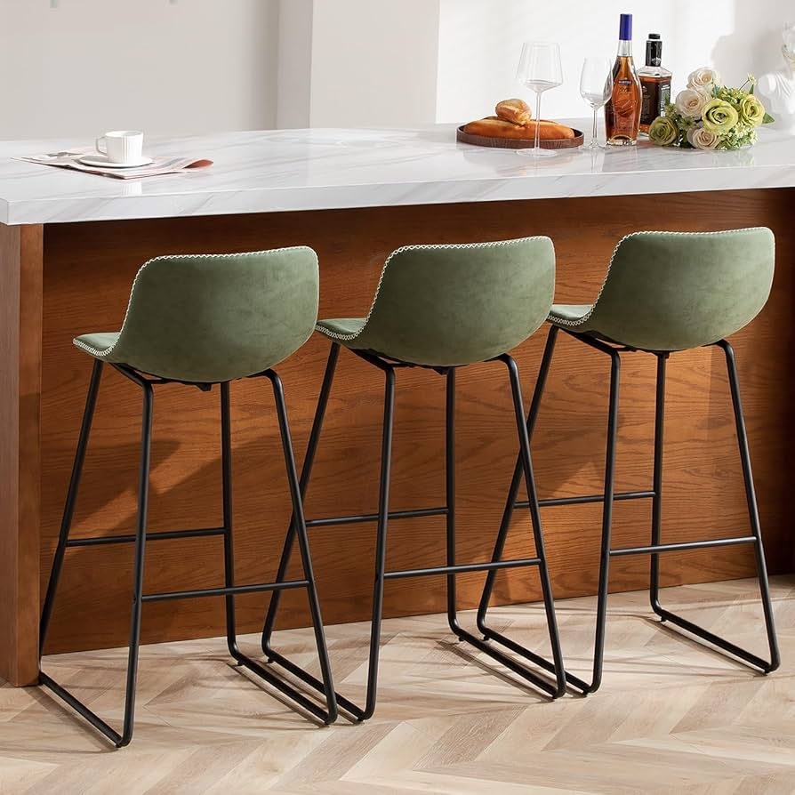 Bar Stool Olive Faux Leather White Edge Stitching Sled Base