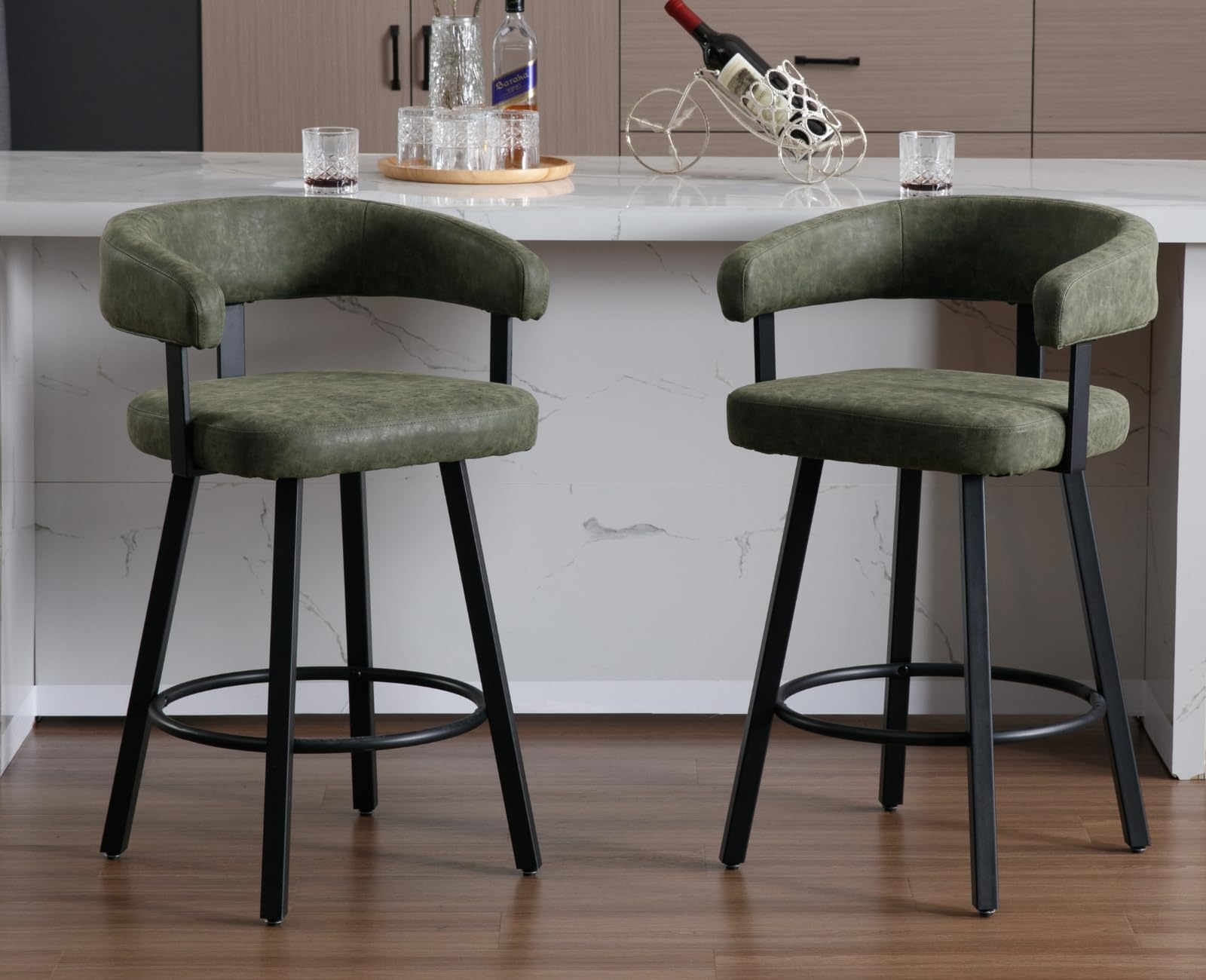 Bar Stool Olive Leather-Like Curved Back Matte Black Legs