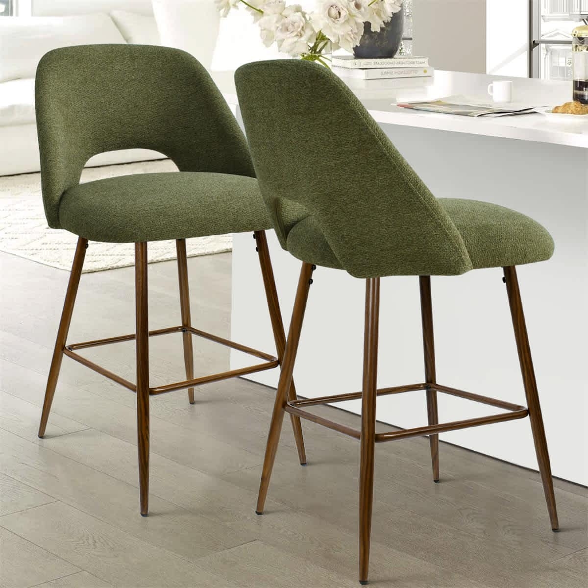 Bar Stool Olive Mid-Century Modern Cutout Back Tapered Legs