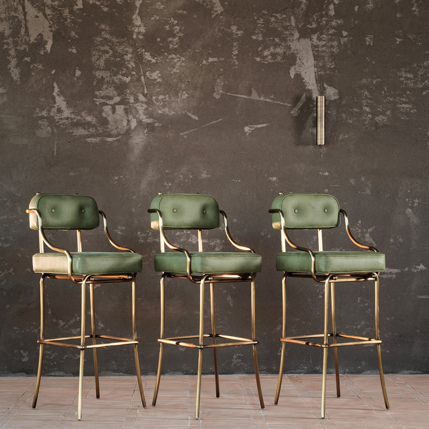 Bar Stool Sage Leather Antique Brass Legs Button Tufted Back