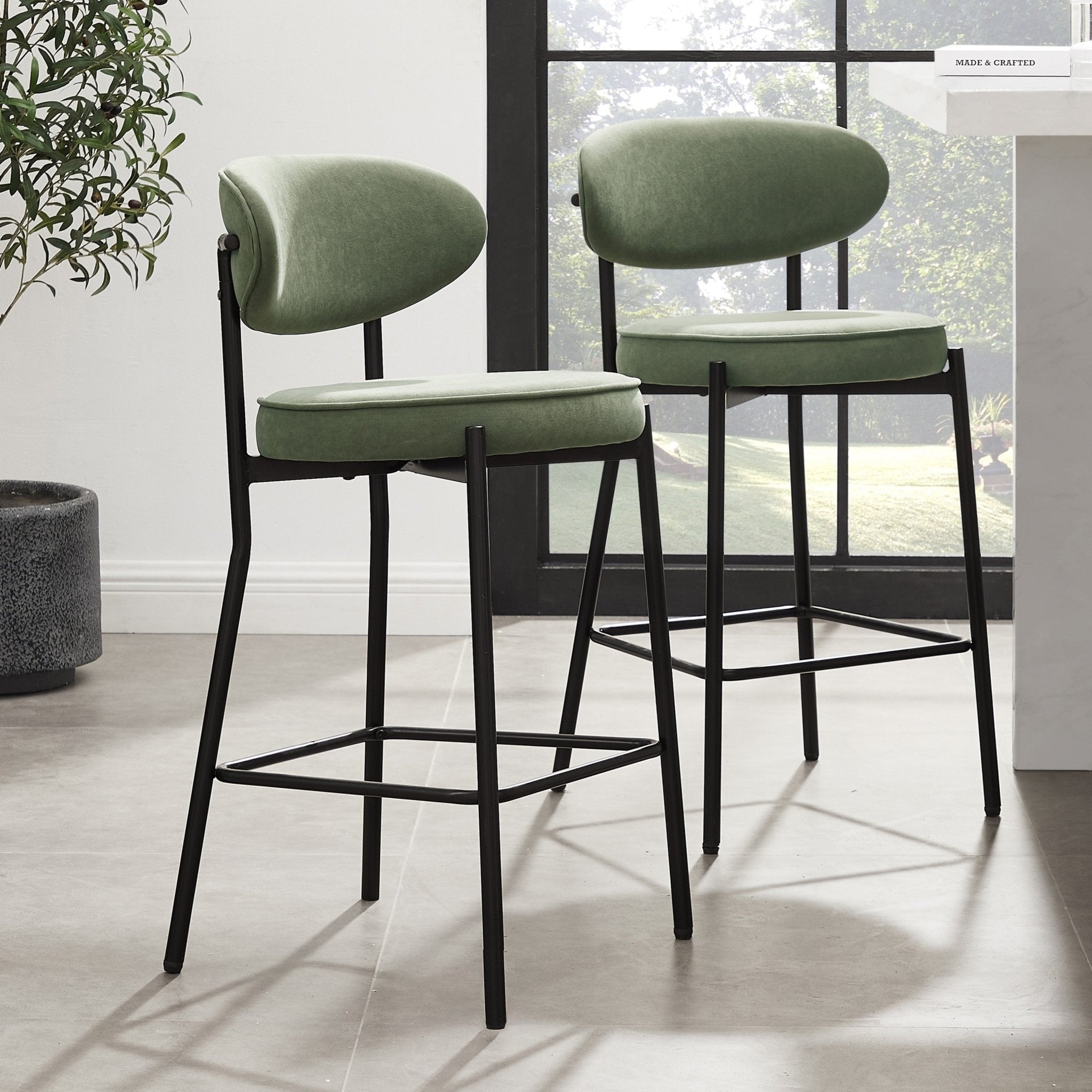 Bar Stool Sage Upholstered Curved Back Matte Black Frame