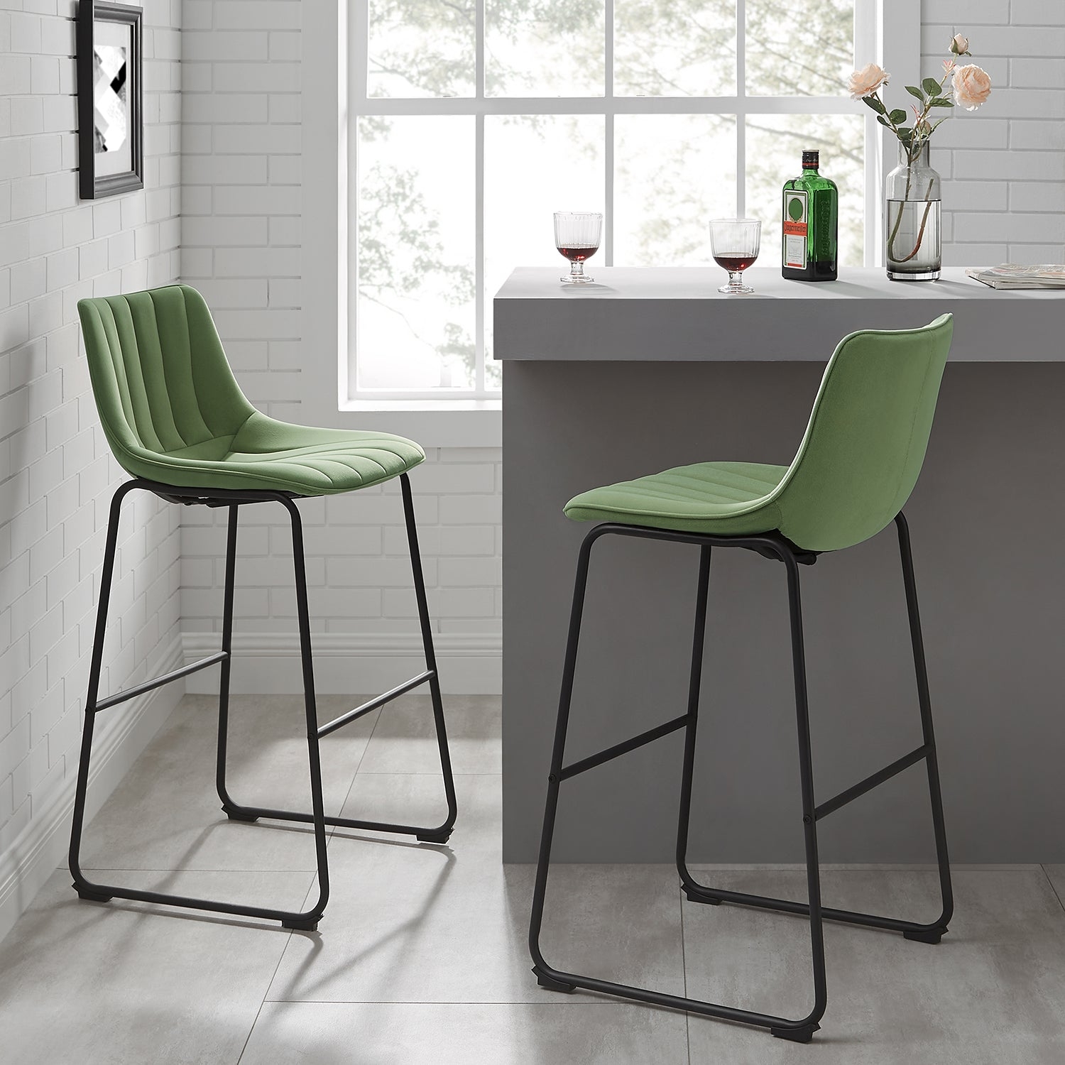 Bar Stool Sage Velvet Fluted Back Sled Base Matte Black