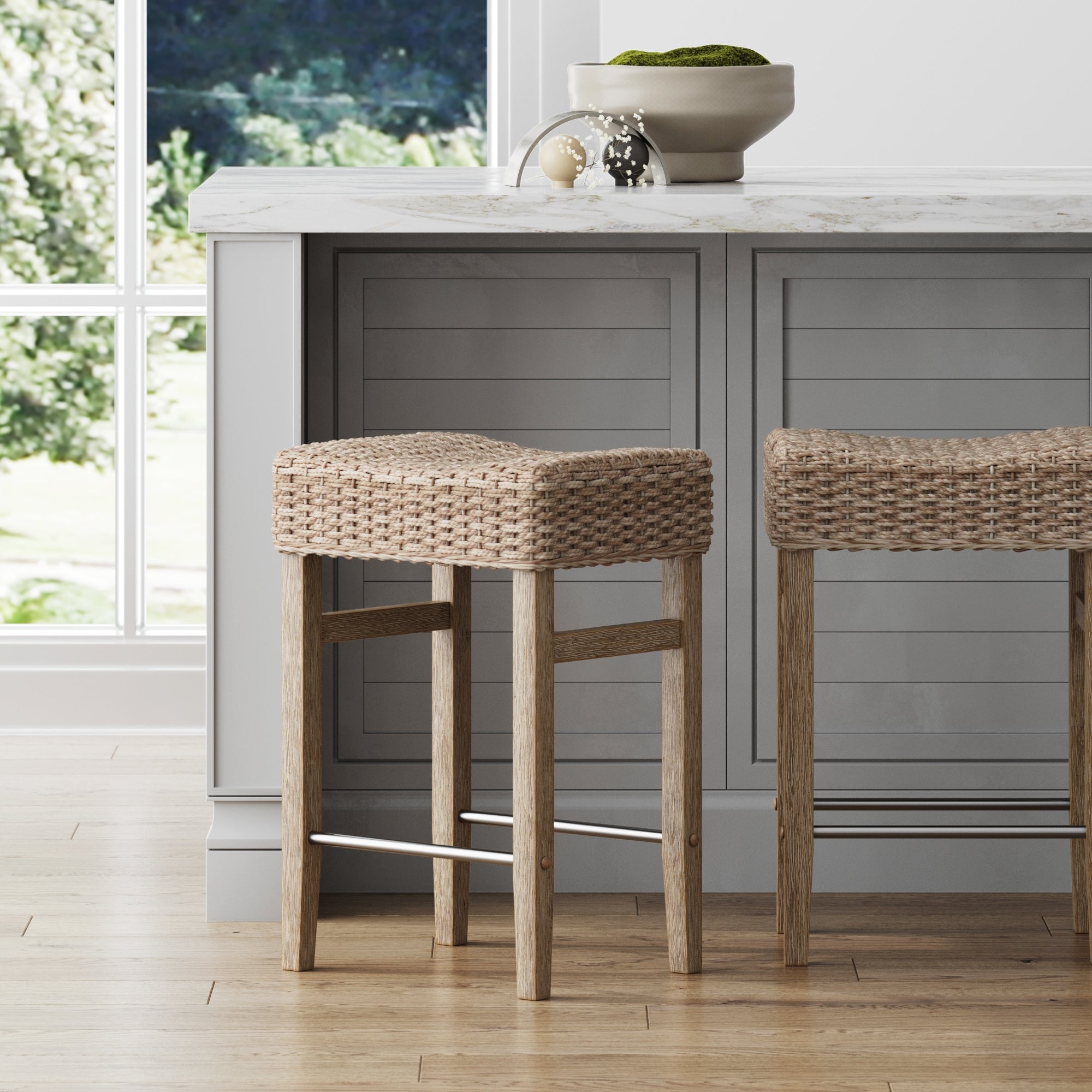 Bar Stool: Seagrass Saddle Seat Coastal Backless Barstool