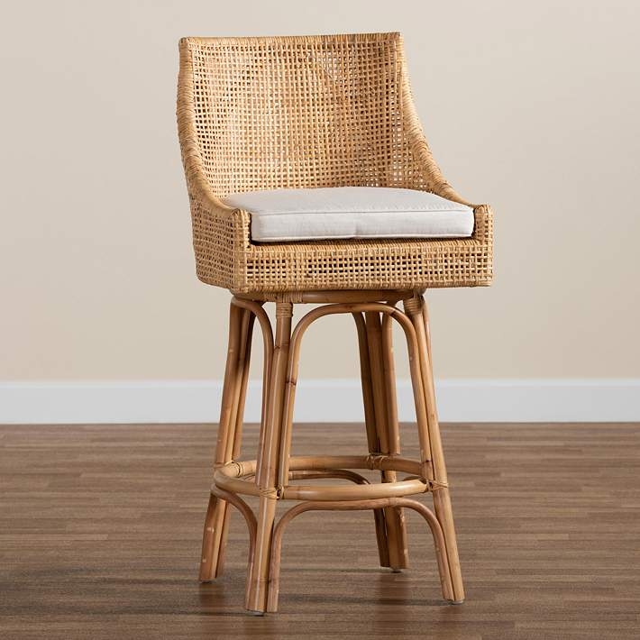Bar Stool: Swivel Rattan Bohemian Barstool with Cushion