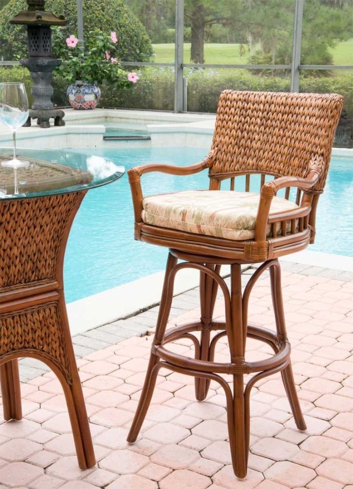 Bar Stool: Tilt Swivel Botanical Palm Print Outdoor Stool
