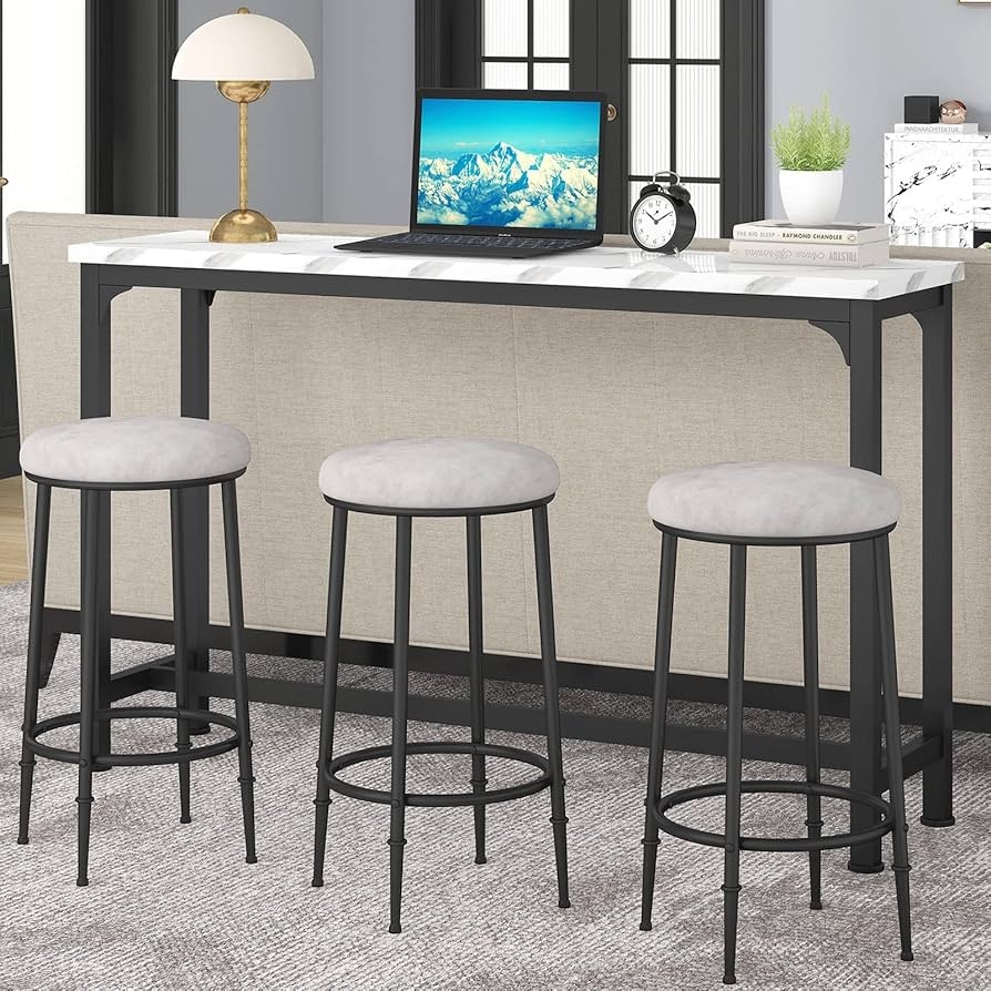 Bar Table Set Marble Pattern Top Slender Metal Legs Matte Black