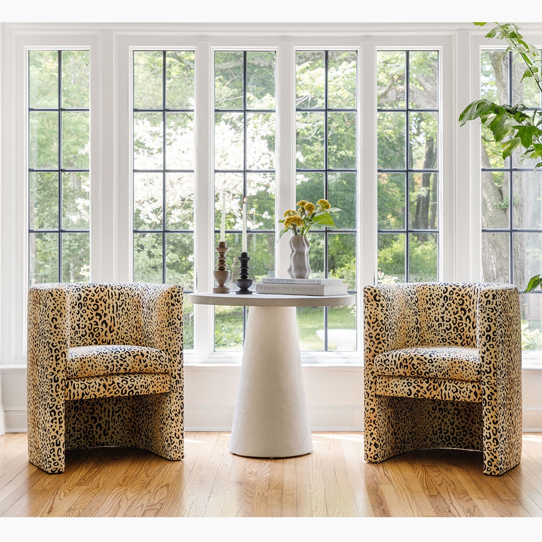 Barrel Chair in Leopard Print Upholstery with Plinth Base