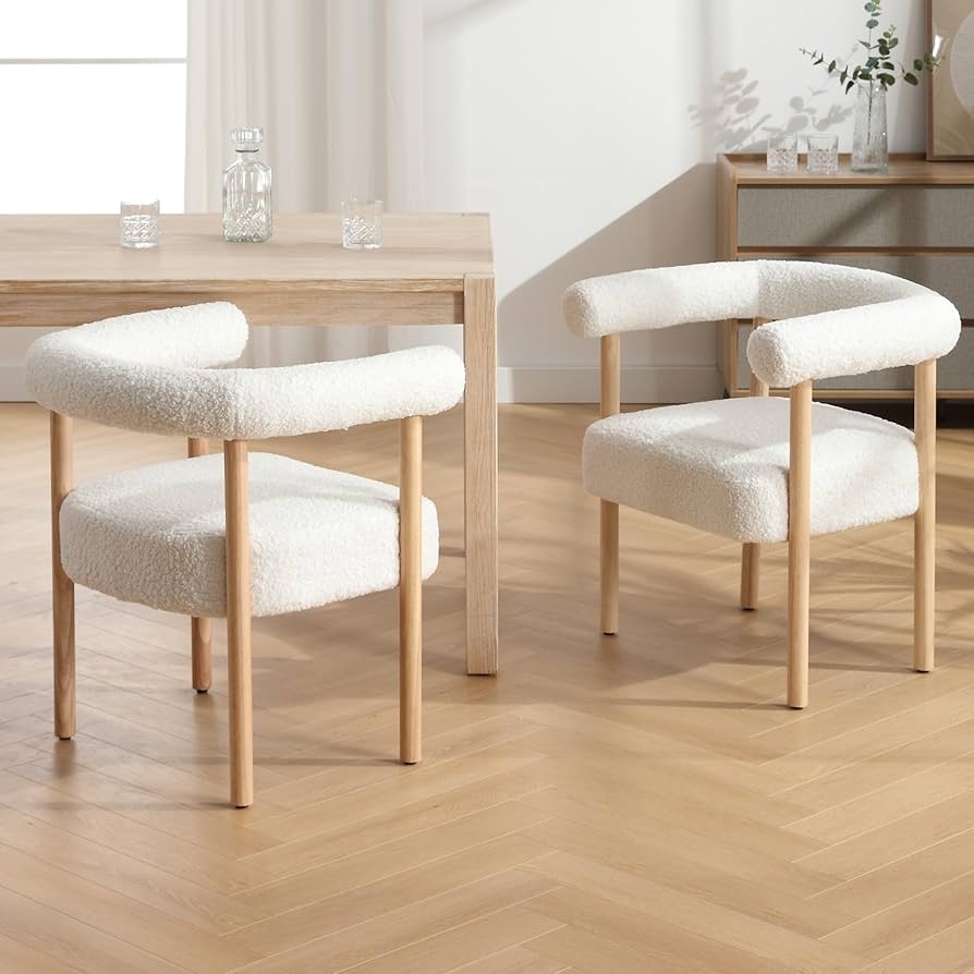 Barrel Chair in White Boucle with Natural Wood Legs