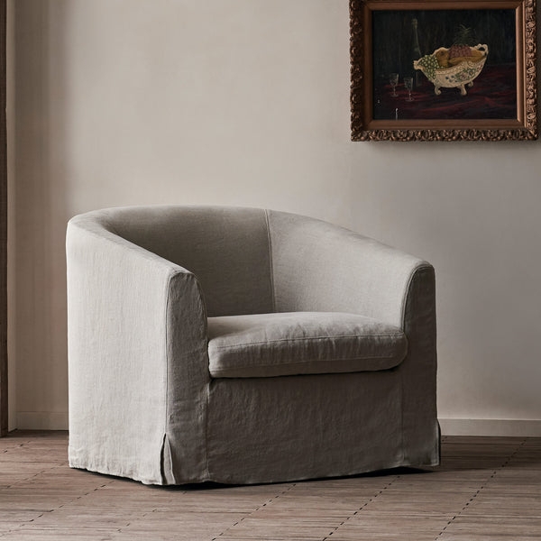 Barrel Chair: Oatmeal Grey Linen Like Slipcover
