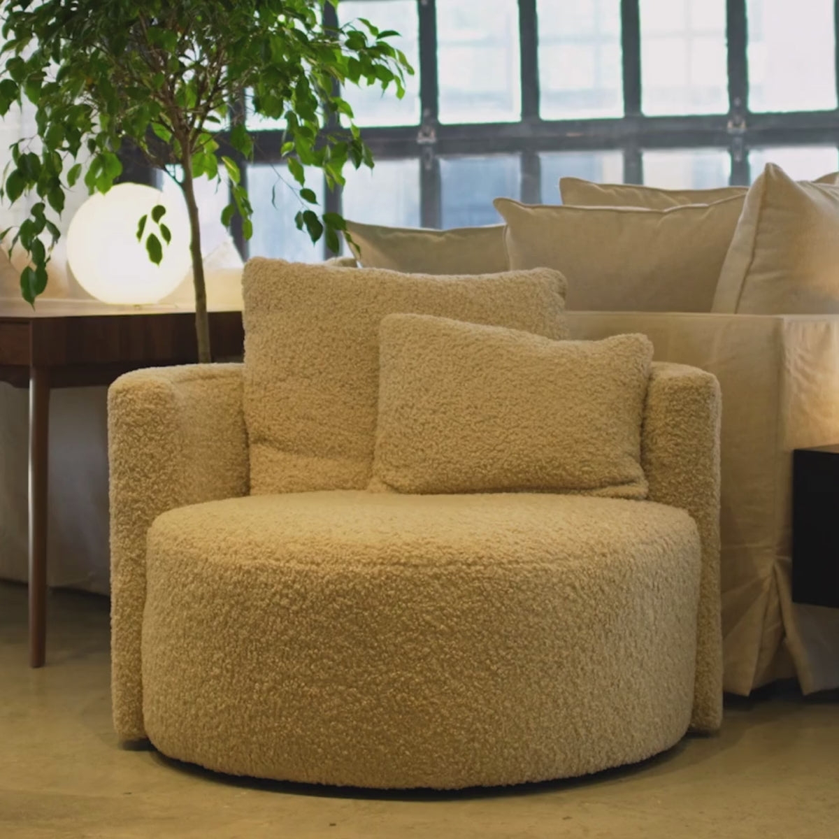 Barrel Chair: Oversized Boucle Fabric Curved Back
