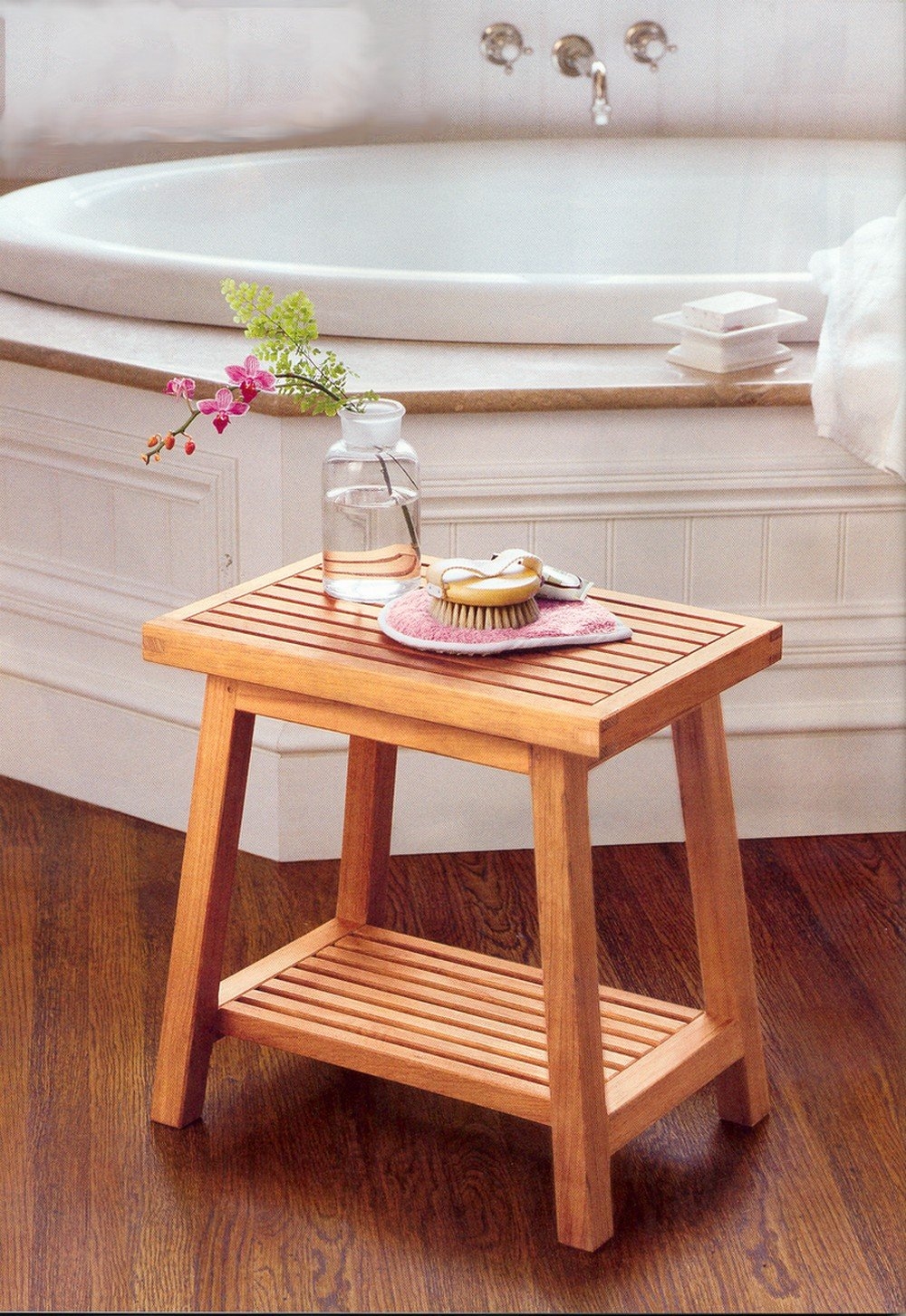 Bath Stool Teak Wood Shower Bench with Slatted Top and Shelf