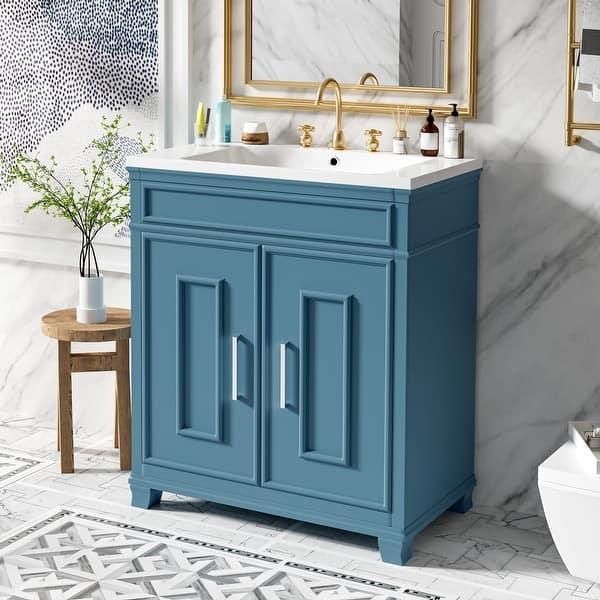 Bathroom Vanity: 30 Inch Dusty Blue with Integrated Ceramic Top