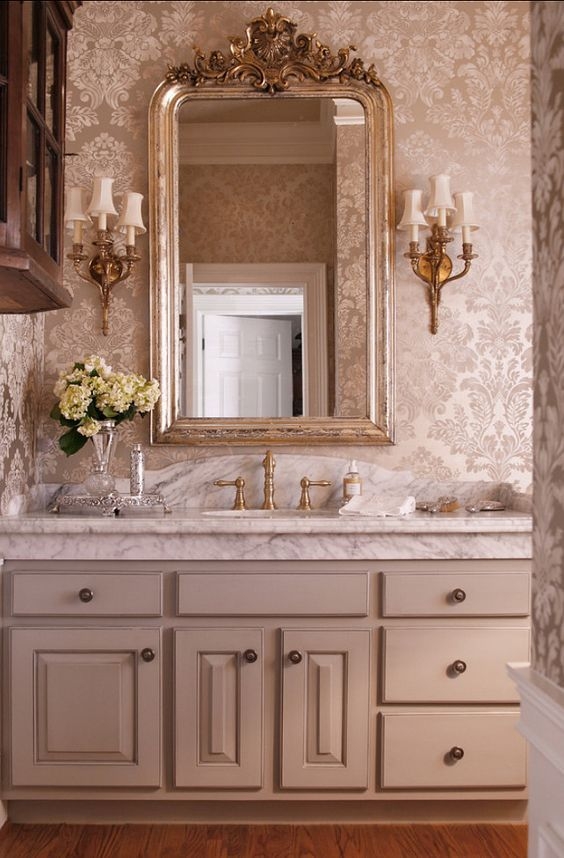 Bathroom Vanity Damask Wallpaper Traditional Marble Vanity Design